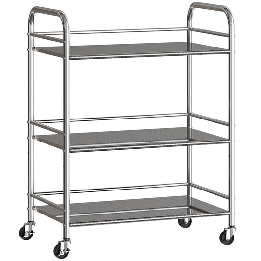 3 Tier Stainless Steel Kitchen Storage Trolley with Adjustable Shelf - Silver