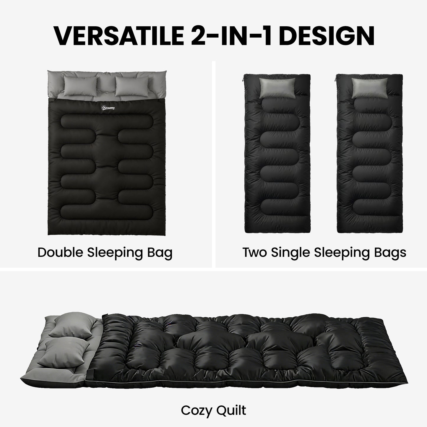 Double Sleeping Bag with 2 Pillows, 220 x 160 cm Extra-Large Sleeping Bag for Adults, Black