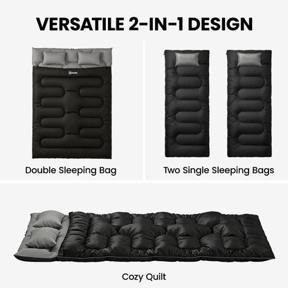 Double Sleeping Bag with 2 Pillows, 220 x 160 cm Extra-Large Sleeping Bag for Adults, Black