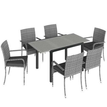 7 Piece Rattan Garden Furniture Set, 6 Seater Garden Table and 6 Stackable Chairs with Extendable Acacia Wood Tabletop