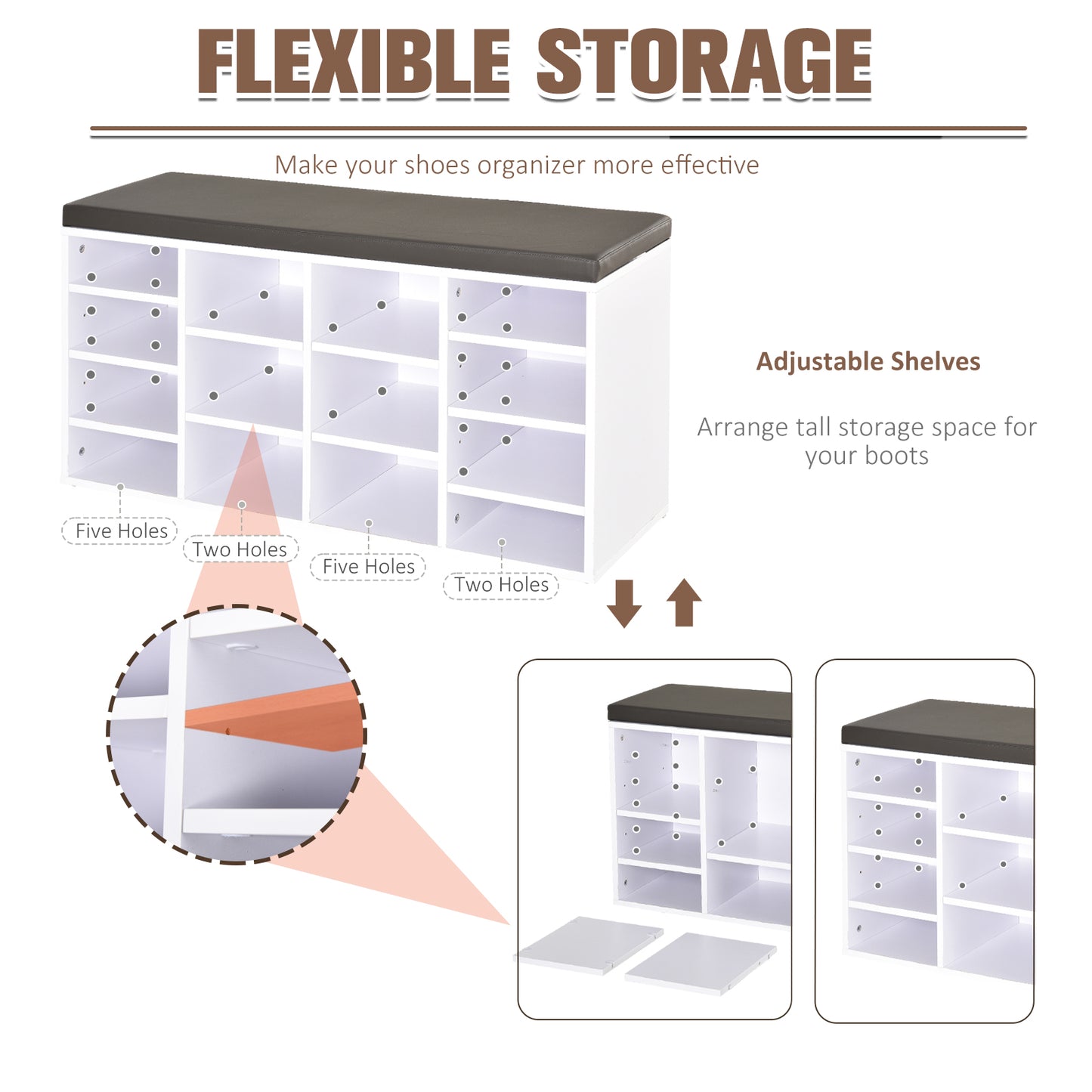 Multi-Storage Shoe Rack with 14 Compartments Cushion Moving Shelves, Solid Frame Foot Pads, White