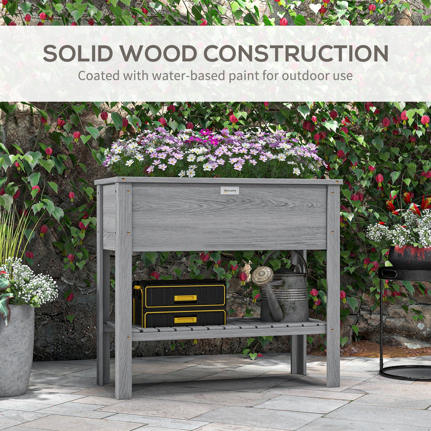 Wooden Raised Garden Bed, Elevated Planter Box with Storage Shelf and Drainage Holes, Raised Planter with Legs, Grey