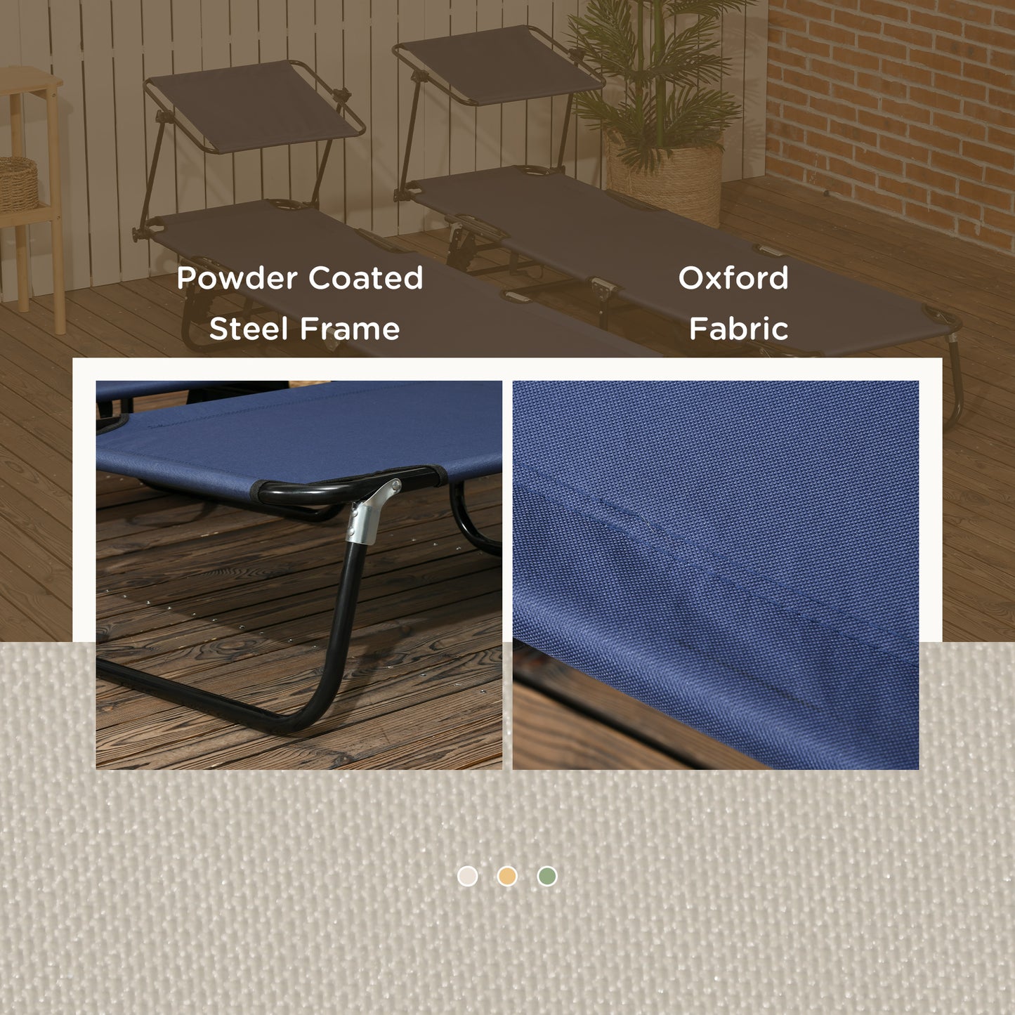 Set of Two Folding Sun Loungers, with Adjustable Backs and Sun Canopies - Dark Blue