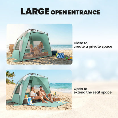 2-3 Person Pop Up Beach Tent, UPF15+ Sun Shelter with Extended Floor, Sandbags, Mesh Windows and Carry Bag, Green