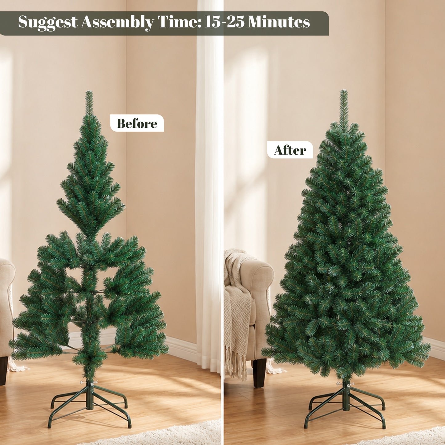 5ft Artificial Christmas Tree, Fir Hinged Xmas Tree with 420 Branch Tips, Foldable Steel Stand, Green