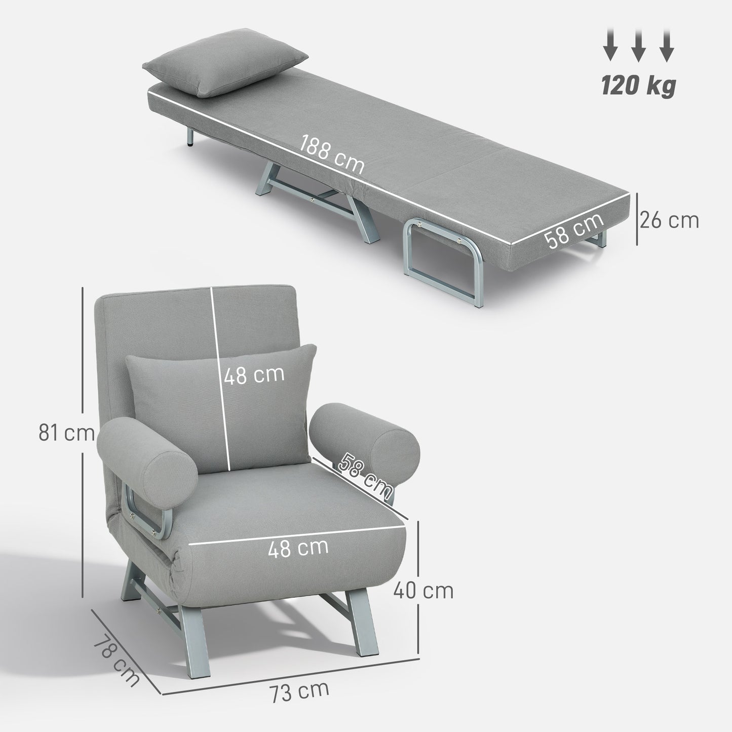 Single Sofa Bed, 3-in-1 Convertible Folding Chair Bed with Adjustable Backrest, Removable Armrests, Light Grey