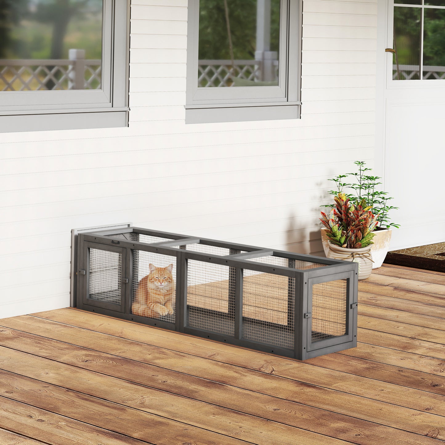 Outdoor Cat Tunnel, Wooden Play Cat Enclosure, Extendable Pet Run with 3 Doors, for Indoor and Outdoor Use, Grey