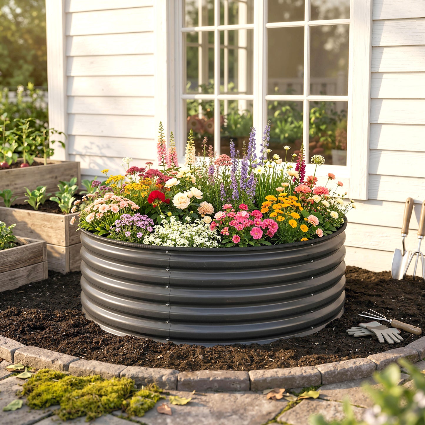 Galvanised Raised Garden Bed with Safety Edging, Outdoor Raised Planter Box with Gloves, 120 x 120 x 43cm, Dark Grey
