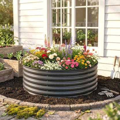 Galvanised Raised Garden Bed with Safety Edging, Outdoor Raised Planter Box with Gloves, 120 x 120 x 43cm, Dark Grey