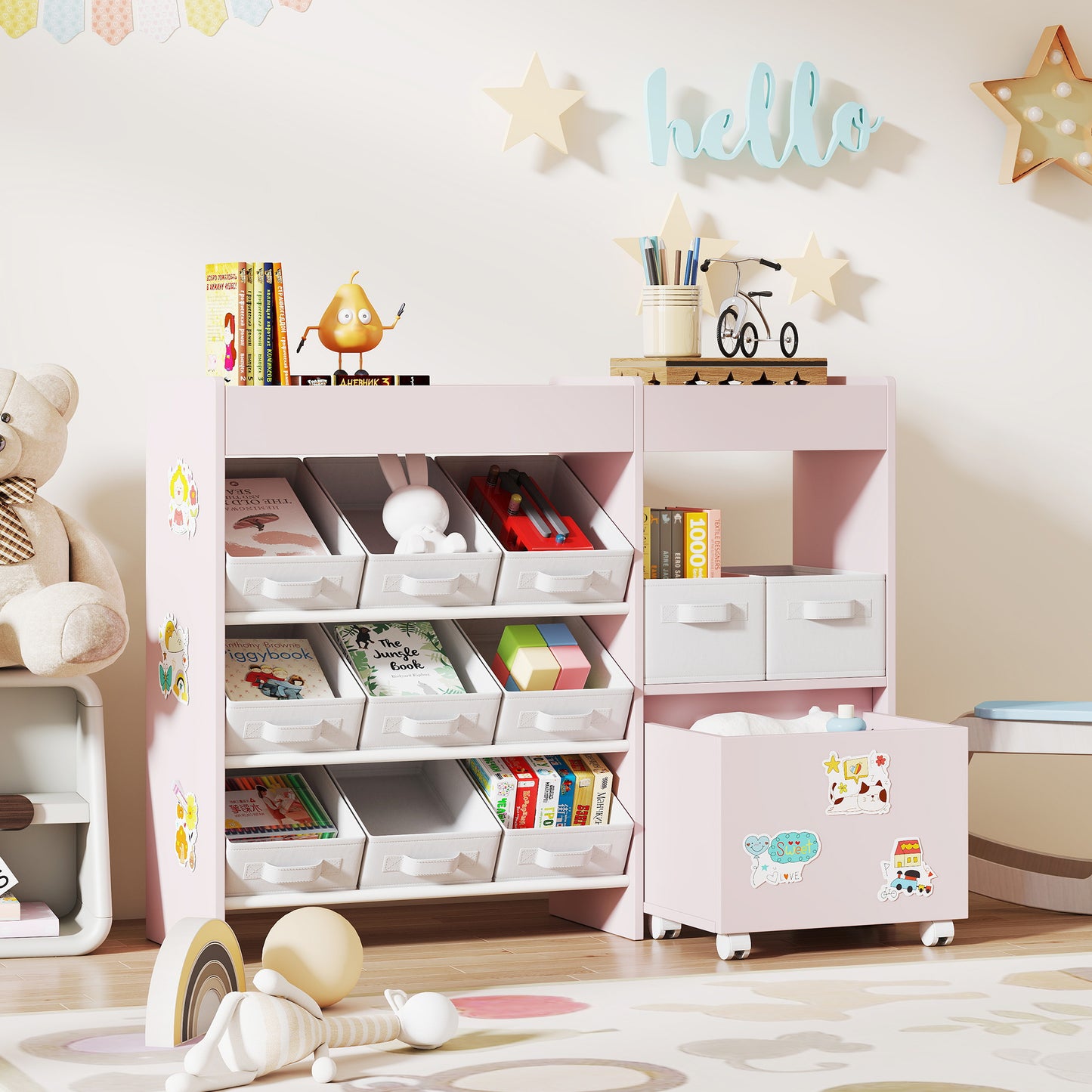 Kids Toy Storage Unit with 11 Bins, Cabinet, Top Shelves, 3 Stickers, for Nursery, Playroom, Pink