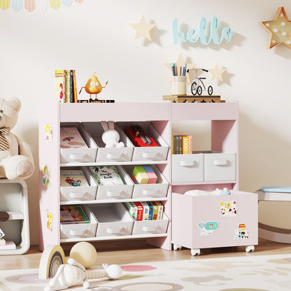 Kids Toy Storage Unit with 11 Bins, Cabinet, Top Shelves, 3 Stickers, for Nursery, Playroom, Pink