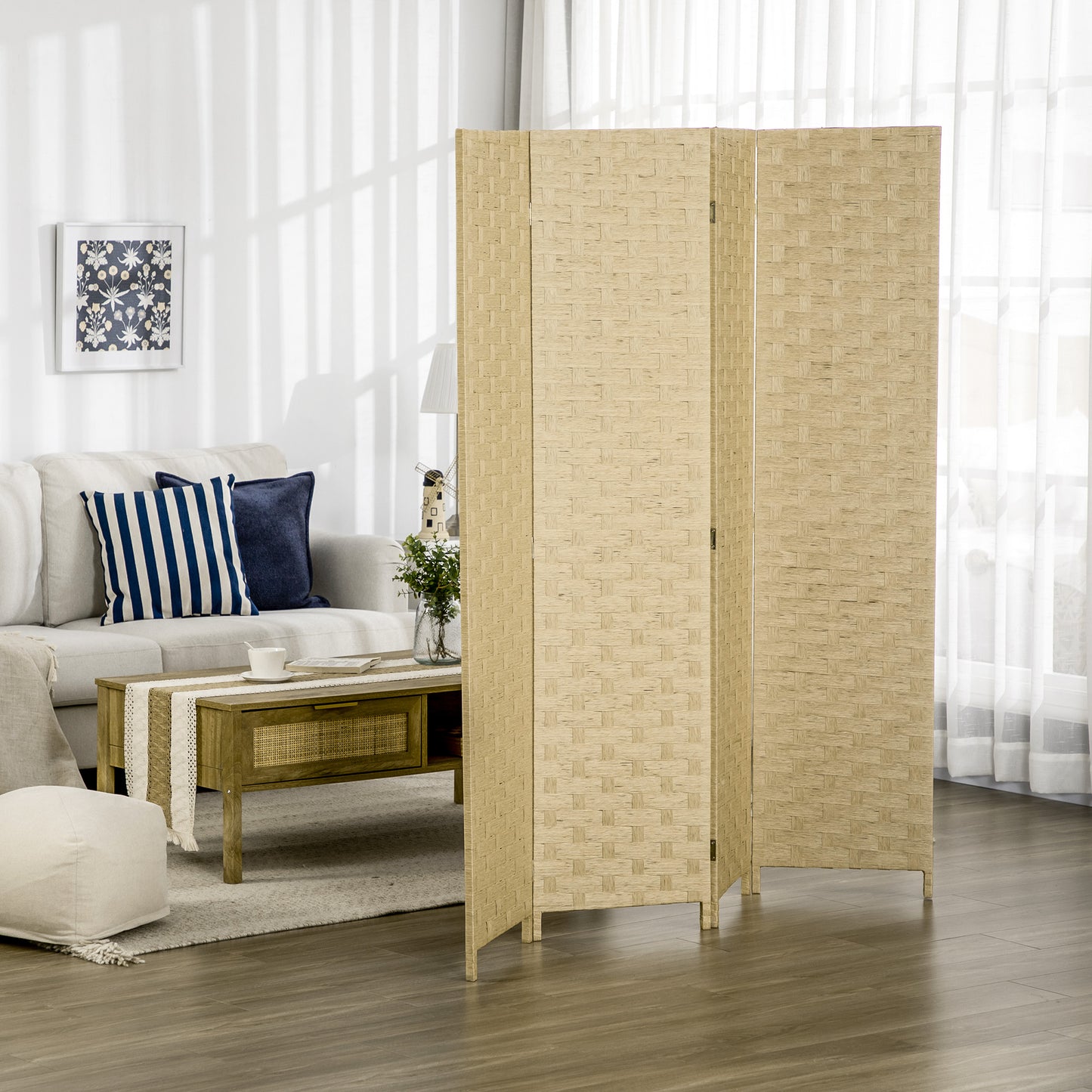 Wave Fibre Freestanding Folding Privacy Screen Panels, Room Divider, Brown