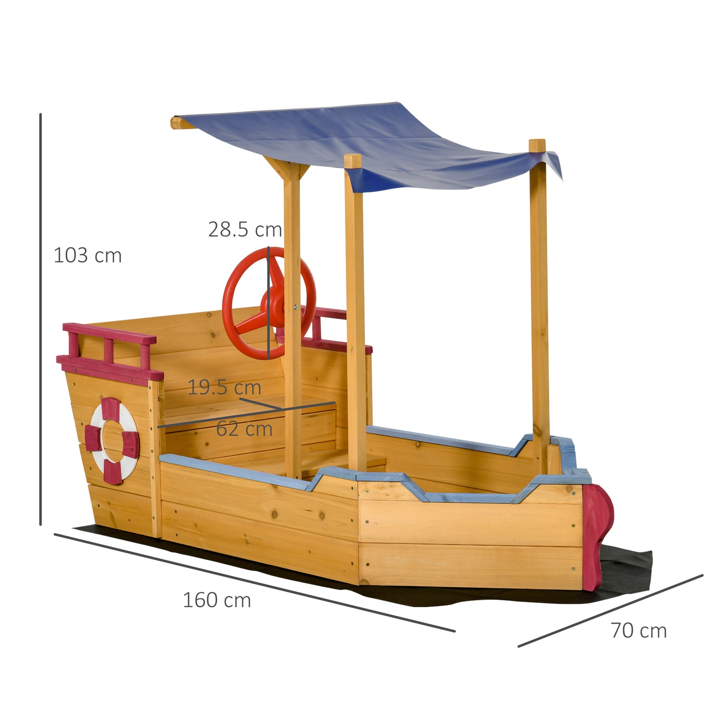 Sand Pit, Kids Wooden Sandbox Pirate Ship, Sandboat Play Station with Canopy Shade