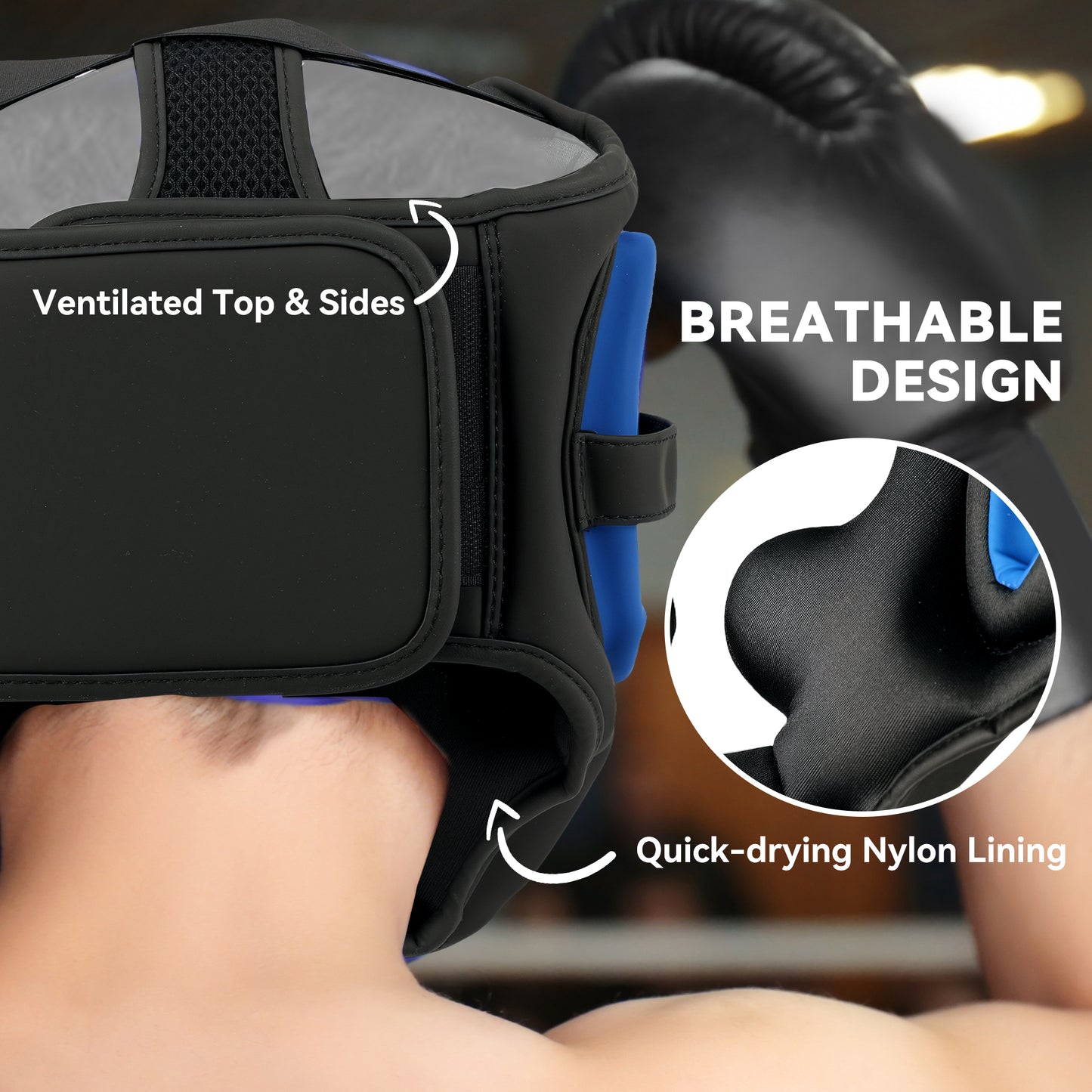 Boxing Headguard w/ Adjustable Strap for Sparring, Kickboxing, MMA, Blue/Black