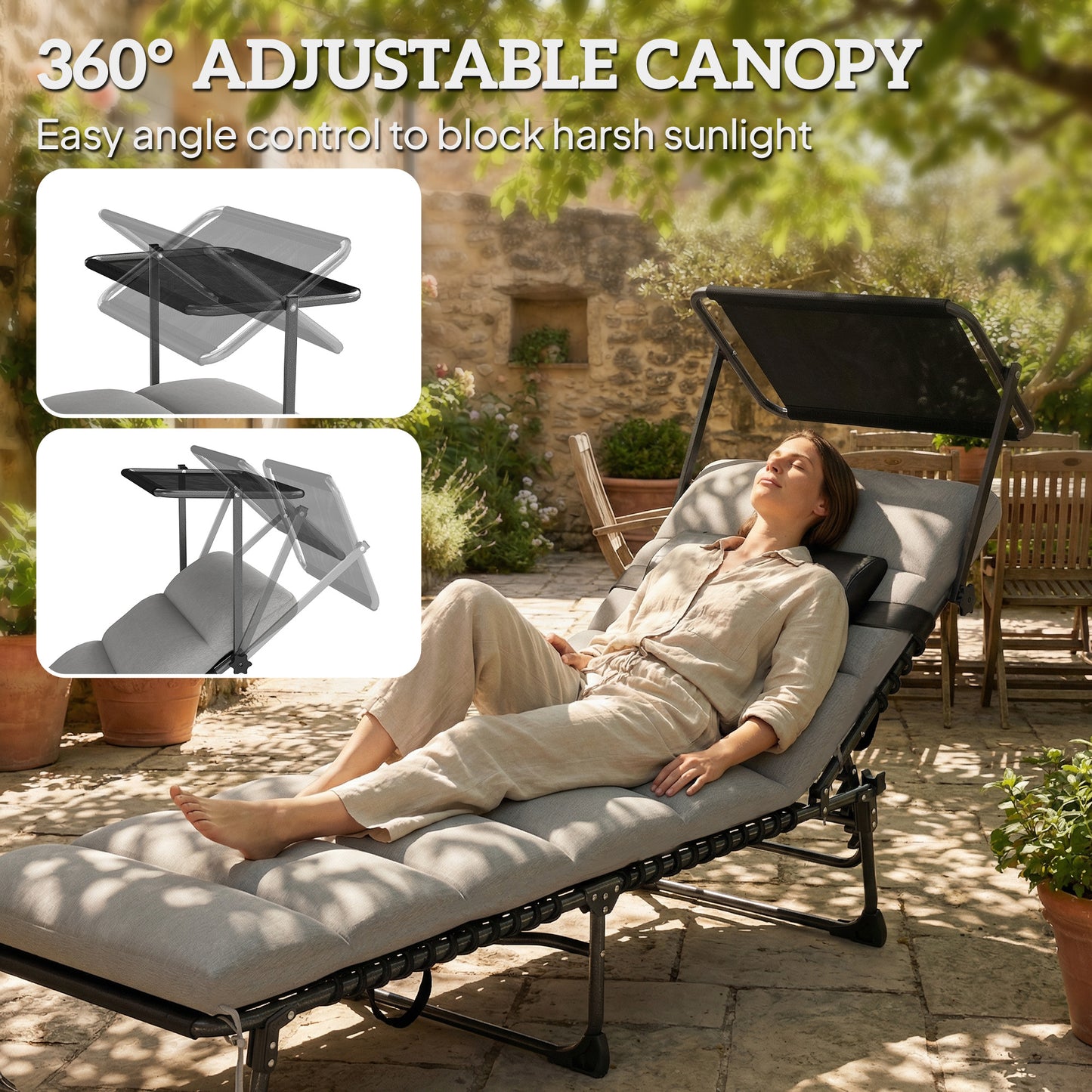 Folding Sun Lounger with Canopy, Reclining Sunbed with Cushion, Side Pocket, Carrying Handle, Light Grey