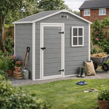 6 x 4ft Plastic Shed with Floor, Wood Effect Resin Garden Shed with Window, Lockable Door, Lock and Keys, Vents