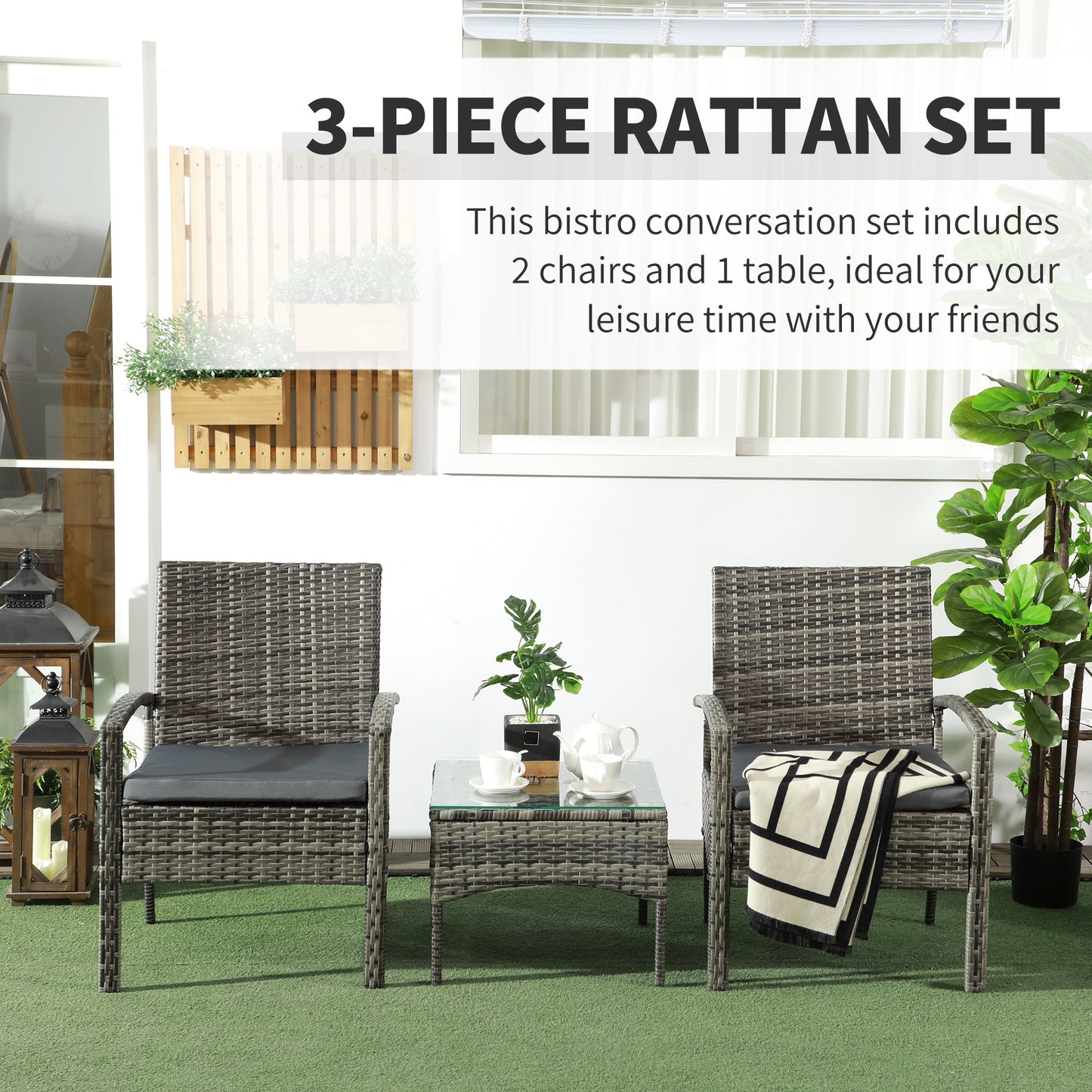 3 Pieces Rattan Bistro Set, Wicker Garden Furniture Set with Glass Top Coffee Table and Chairs