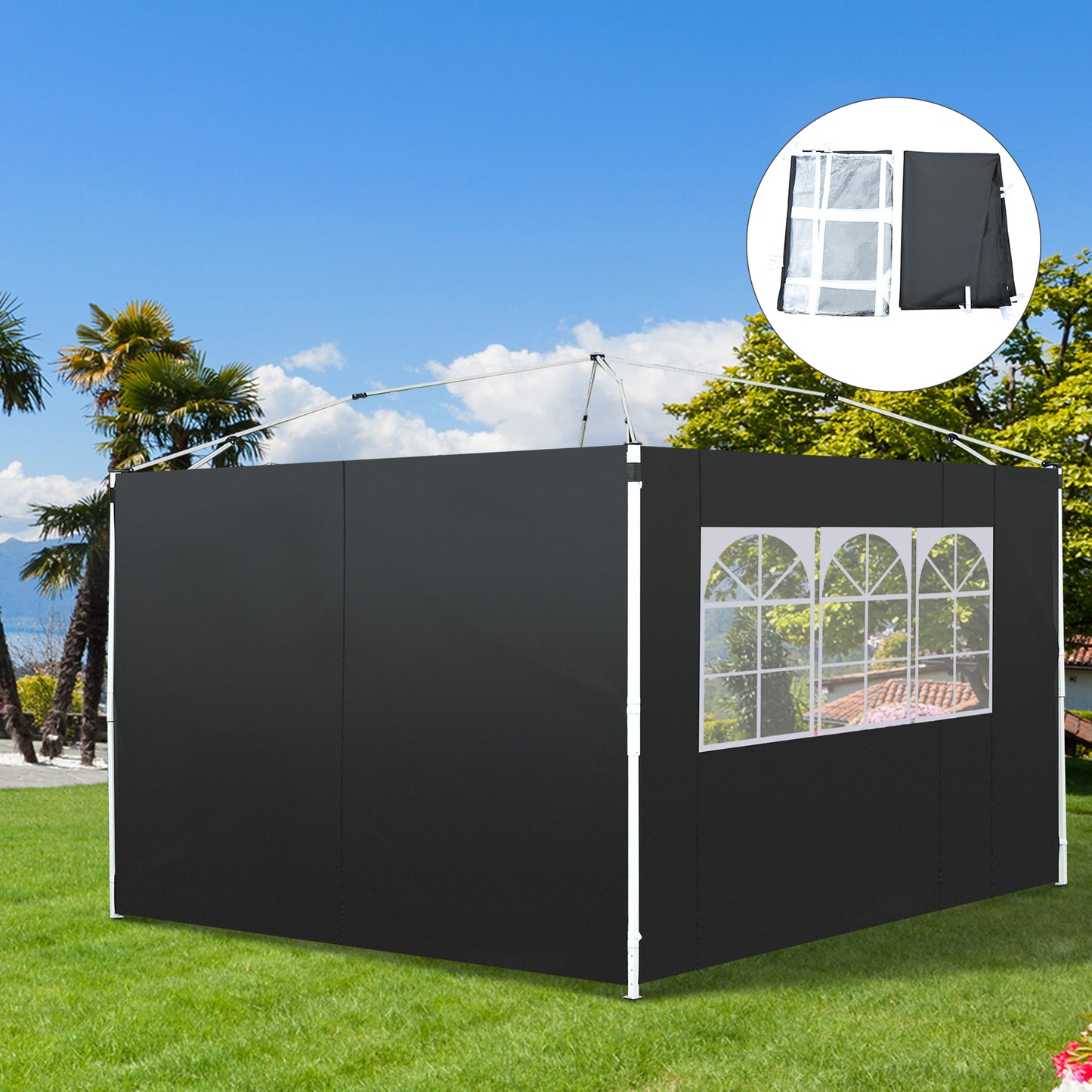 2.95 Meters Gazebo Replaceable Exchangeable Side Panel Wall Panels Walls With Window, Black