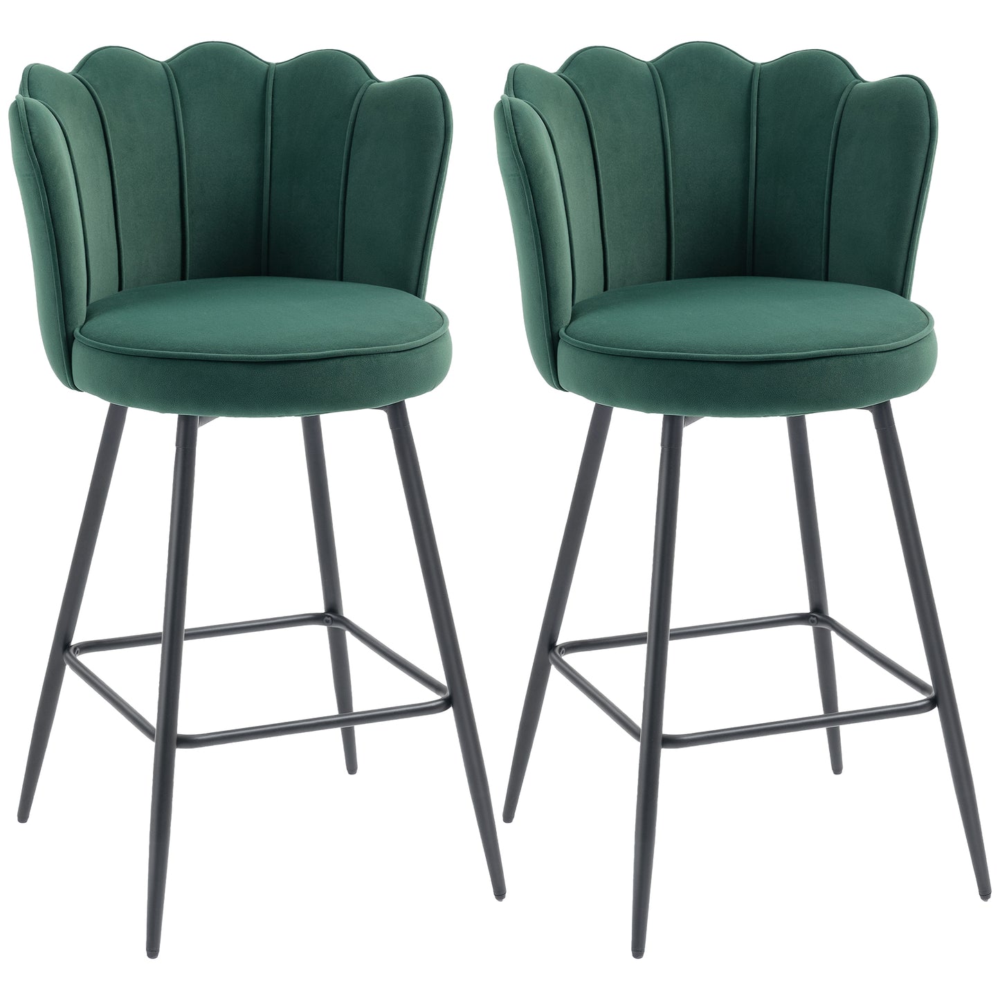Set of Two Velvet-Feel Lotus Bar Stools - Dark Green