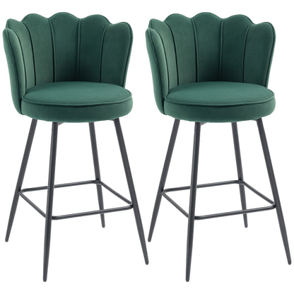 Set of Two Velvet-Feel Lotus Bar Stools - Dark Green