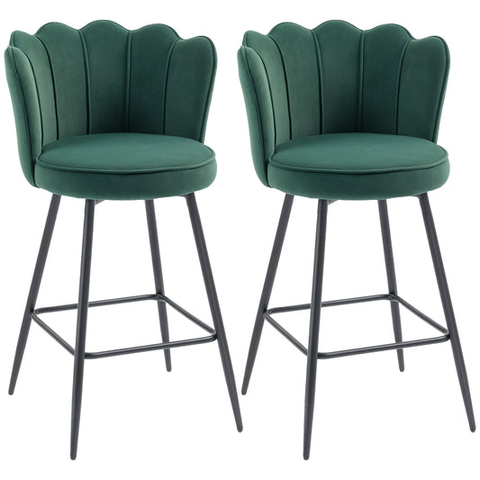 Set of Two Velvet-Feel Lotus Bar Stools - Dark Green