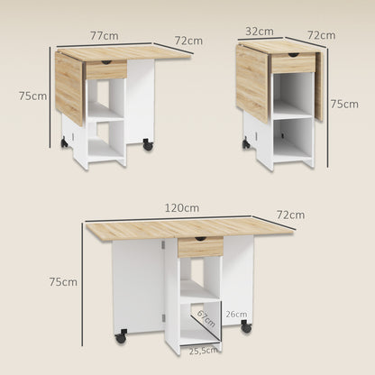 Folding Dining Table, Drop Leaf Table for Small Spaces, Foldable Table with Drawer and Storage Shelves for Kitchen