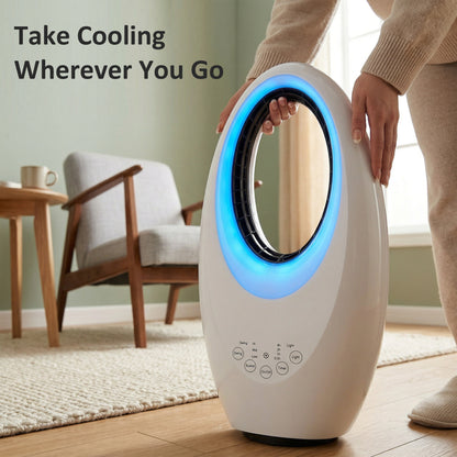 Bladeless Tower Fan, 36dB Standing Cooling Fan with 60° Oscillating, LED Lights, 3 Speeds, 7.5H Timer, Remote Control