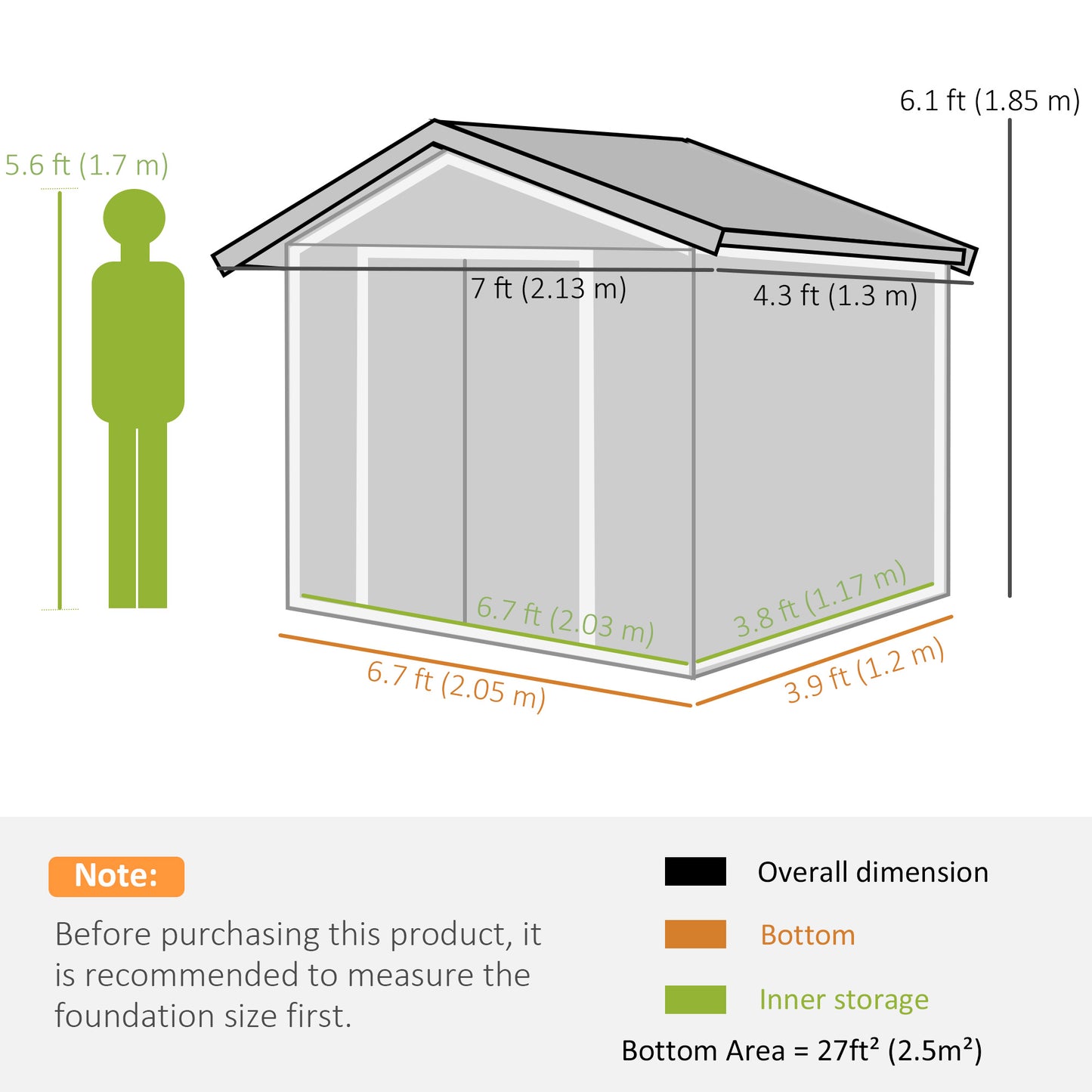 7 x 4ft Metal Garden Shed, Outdoor Storage Tool House with Ventilation Slots, Foundation Kit and Lockable Double Doors