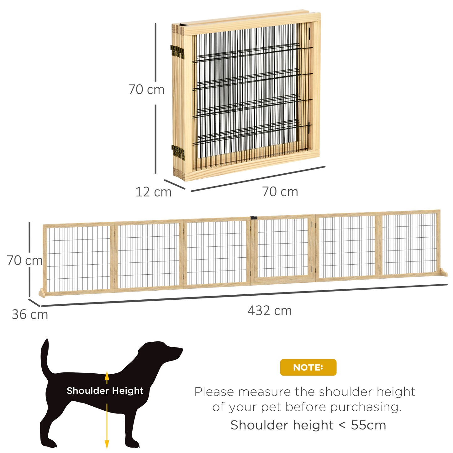 Wooden Pet Gate, Freestanding Dog Security Barrier with Two Support Feet - Natural Tone