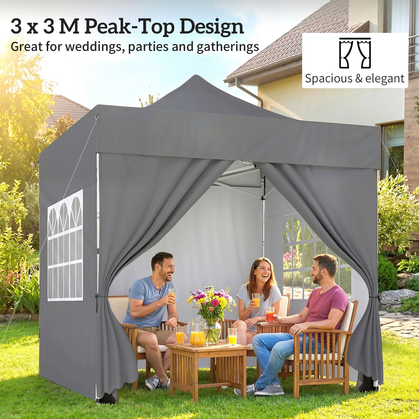 3 x 3 m Pop Up Gazebo with Sidewalls, UPF50+ Heavy Duty Garden Party Tent Marquee with Wheeled Carry Bag, Dark Grey