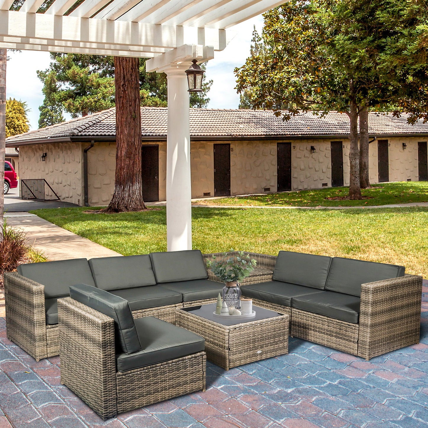 8 Pieces Outdoor PE Rattan Sofa Set with Cushions and Glass Top Coffee Table, Mixed Brown