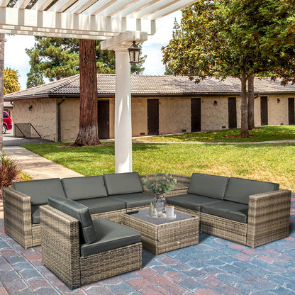 8 Pieces Outdoor PE Rattan Sofa Set with Cushions and Glass Top Coffee Table, Mixed Brown