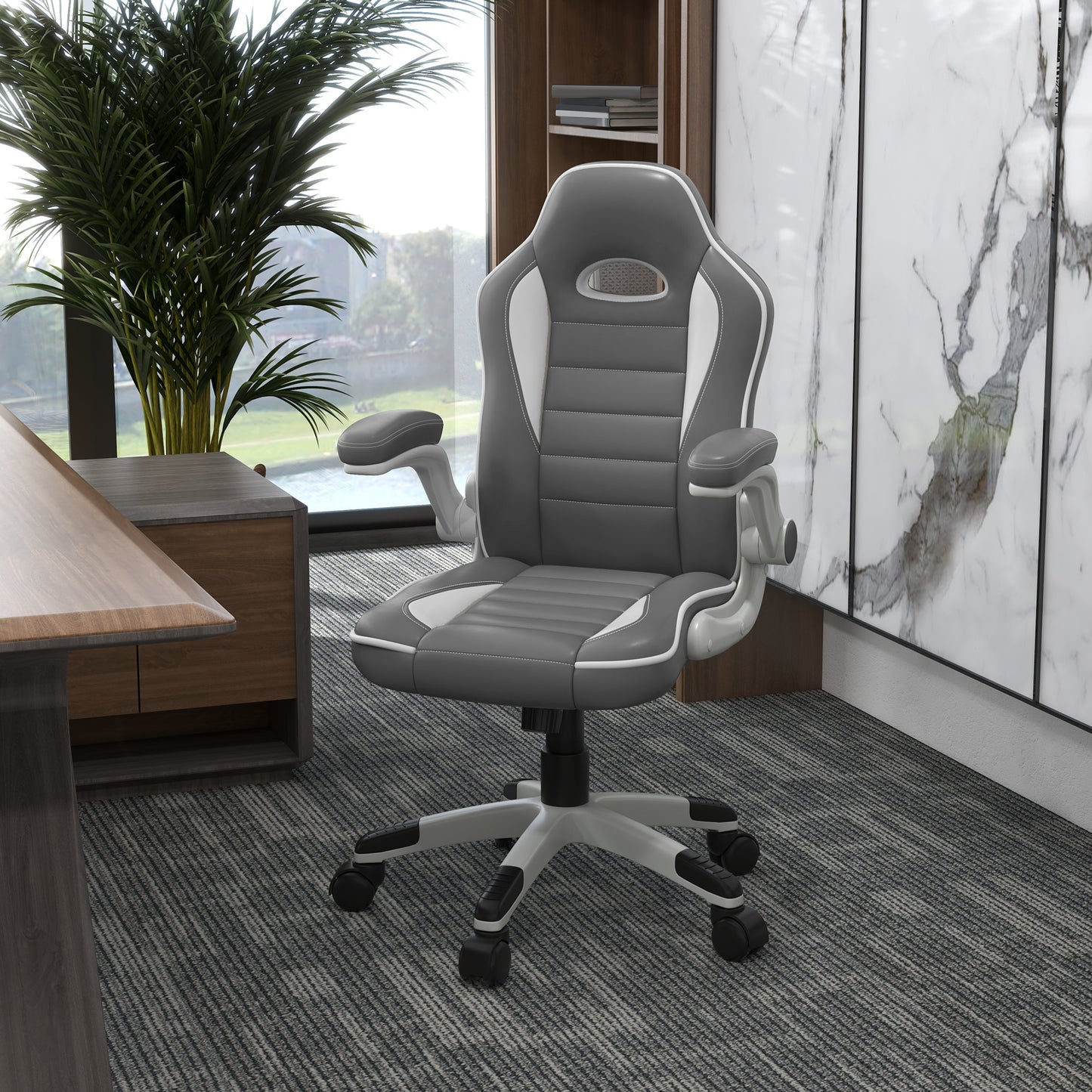 Computer Gaming Chair, Office Desk Swivel Chair, PU Leather Racing Chair with 90° Flip-up Armrest