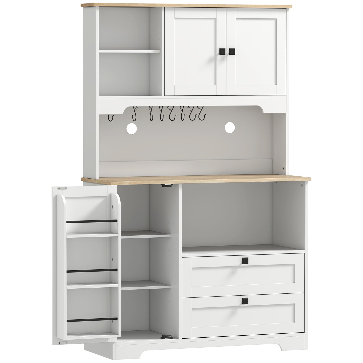 Kitchen Cupboard, Freestanding Kitchen Cabinet with 2 Cabinets, 2 Drawers, Open and Adjustable Shelves, White