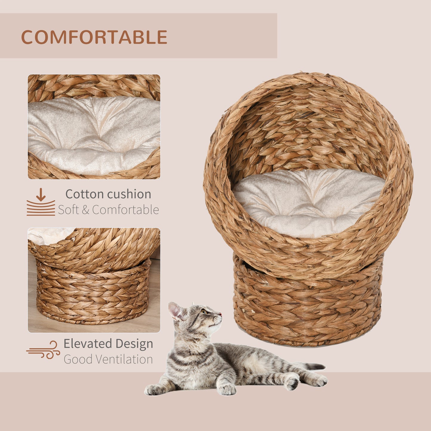 Woven Banana Leaf Elevated Cat Bed Wicker Kitten Basket Pet Den, House Cosy Cave with Soft Cushion Dome 50x42x60cm Brown