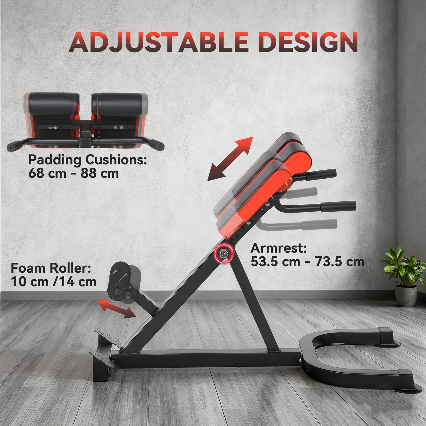 45-Degree Hyperextension Roman Chair, 5-Level Adjustable Back Extension Bench, Heavy-Duty Home Gym Equipment, Red