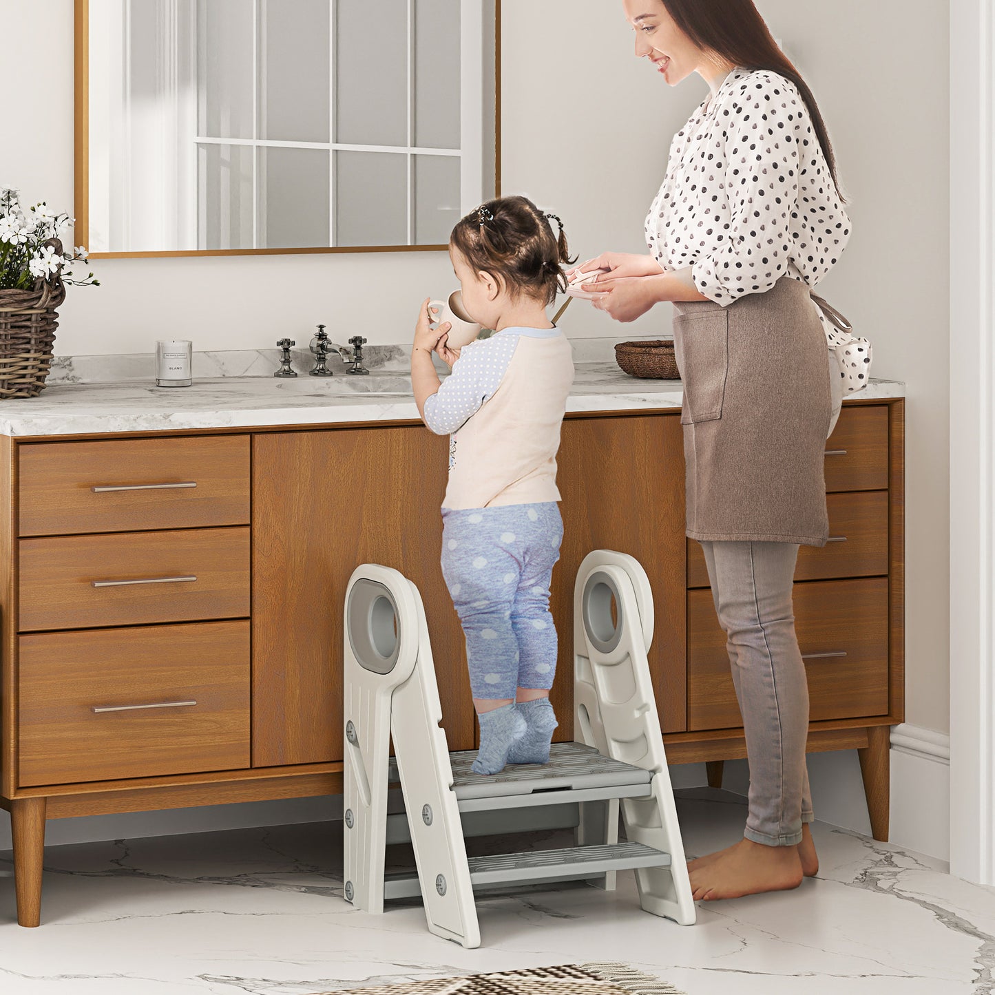 Foldable and Adjustable Kids Step Stool with Handle, Non-Slip, Grey