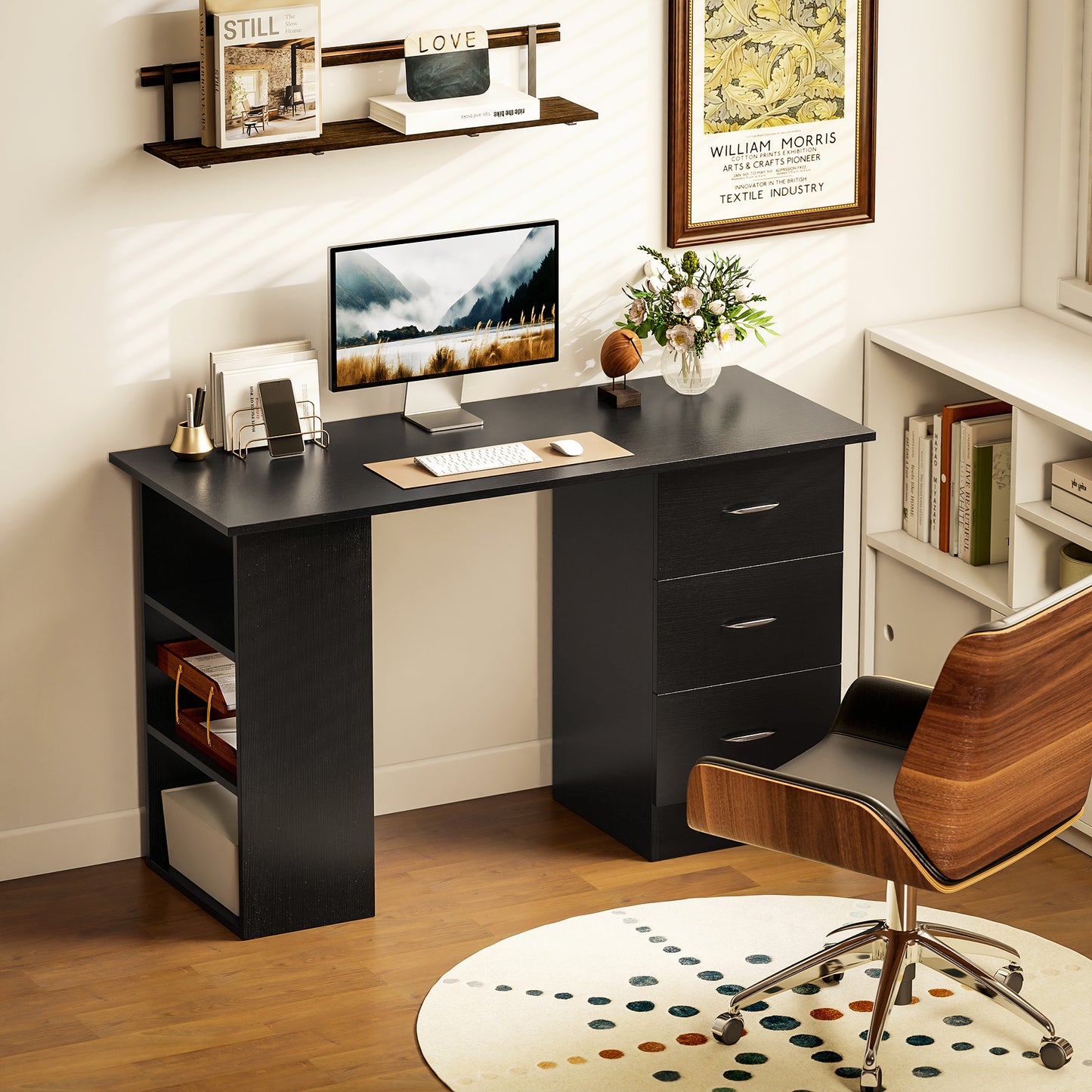 Computer Desk with Drawers, Home Office Desk, Writing Table, PC Workstation with 3 Storage Shelves for Working, Study