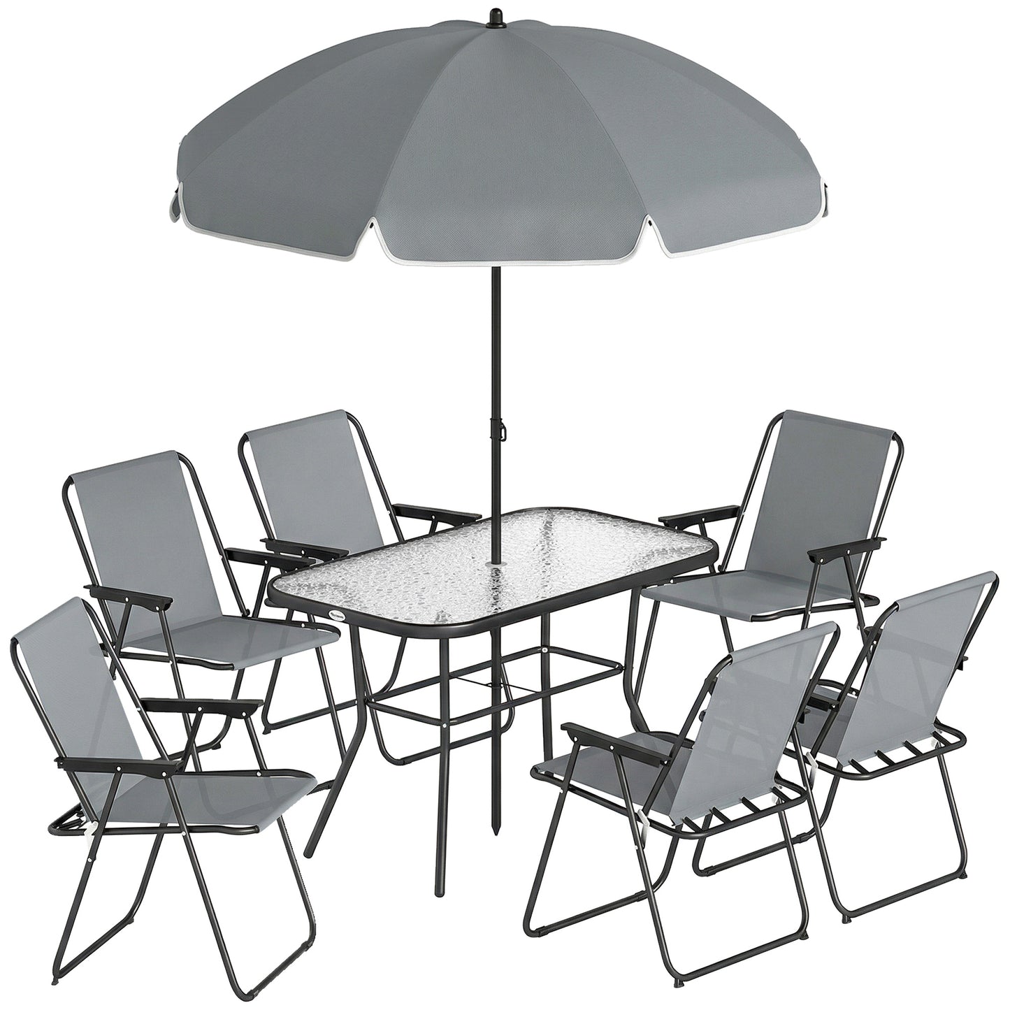 8 Piece Garden Dining Set with Umbrella, Garden Furniture Set with 6 Folding Chairs, Tempered Glass Table for Patio Grey