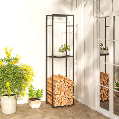Metal Firewood Log Holder, Heavy Duty Firewood Rack with Adjustable Shelf, Indoor Outdoor Fireplace Wood Storage Shelf