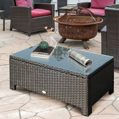 PE Rattan Coffee Table, Rectangular Outdoor Coffee Table with Tempered Glass Top, 70 KG Capacity for Garden, Balcony