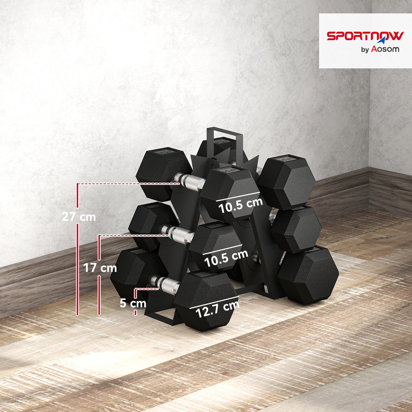 Hex Dumbbell Set with Weights Storage Rack, Rubber Coated Dumbbells, Non-Slip Chrome Handles