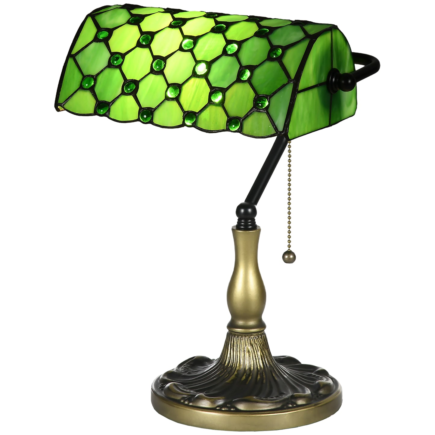 Stained Glass Table Lamp, Vintage Lamp with Green Handmade Shade, Metal Base