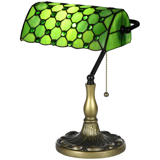 Stained Glass Table Lamp, Vintage Lamp with Green Handmade Shade, Metal Base
