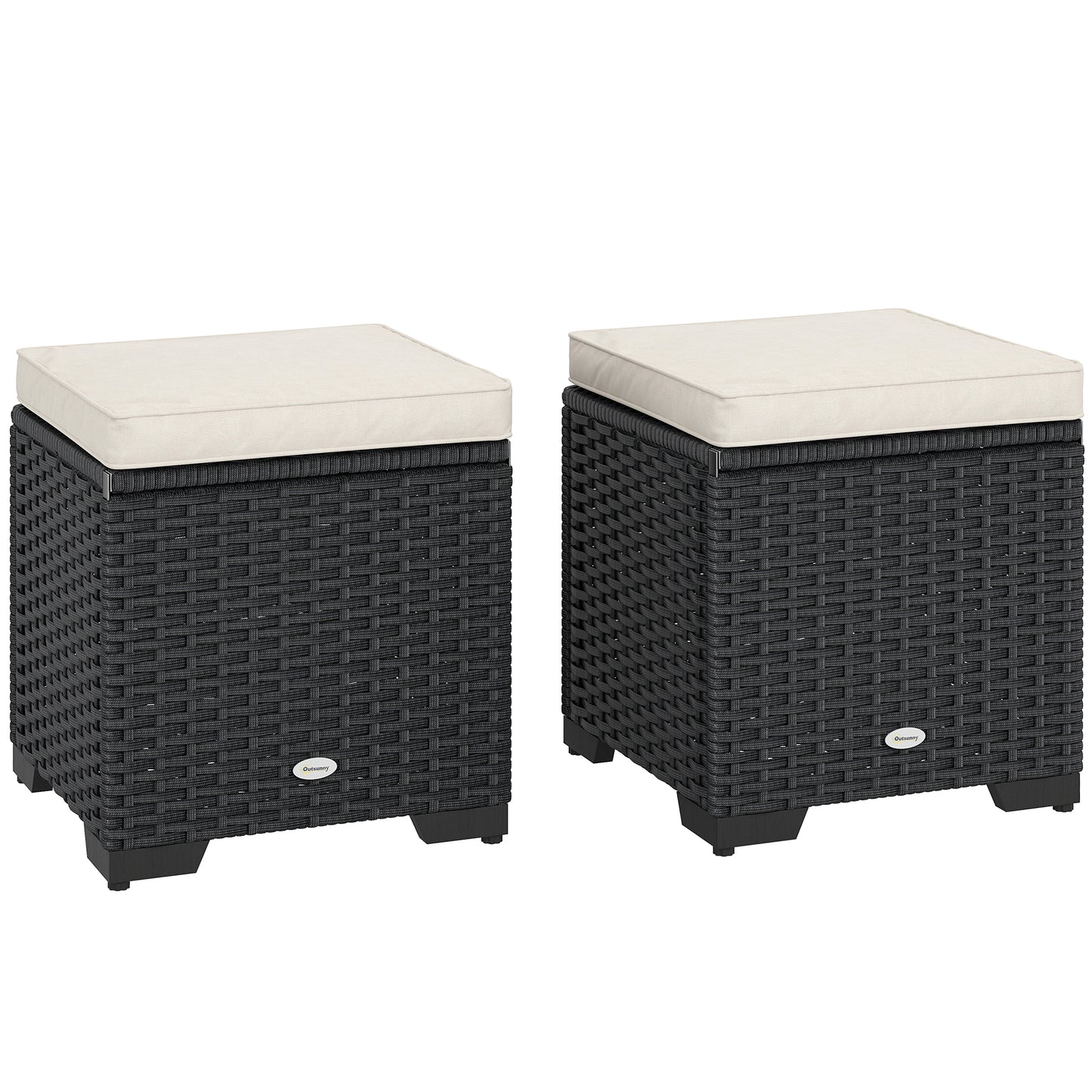 Set of 2 Rattan Storage Ottoman, Outdoor Footstool with Removable Cushions, Garden Storage Seat for Balcony, Porch