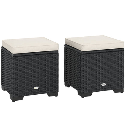 Set of 2 Rattan Storage Ottoman, Outdoor Footstool with Removable Cushions, Garden Storage Seat for Balcony, Porch