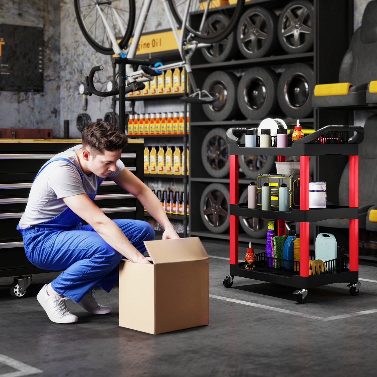 3-Tier Rolling Tool Cart, Tool Trolley on Wheels, Plastic Mobile Service Utility Cart with Handles for Garage