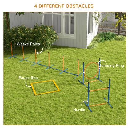 Dog Agility Training Equipment with Weave Poles, Jump Ring, Pause Box, Adjustable Hurdle, Carry Bag, Orange