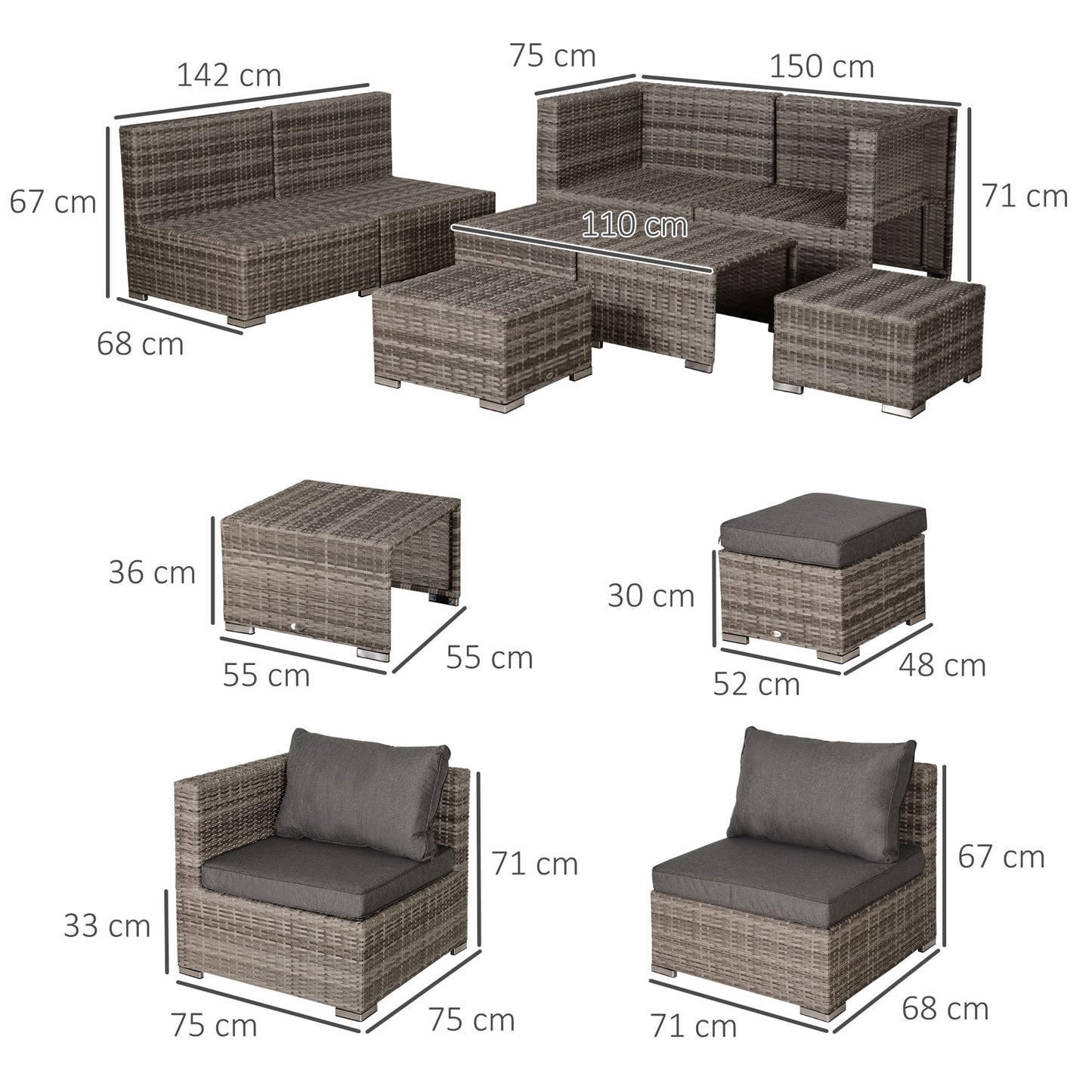 8 Pieces Rattan Garden Furniture Set, Garden Corner Sofa Set with 4 Chairs, 2 Footstools, 2 Coffee Tables and Cushions