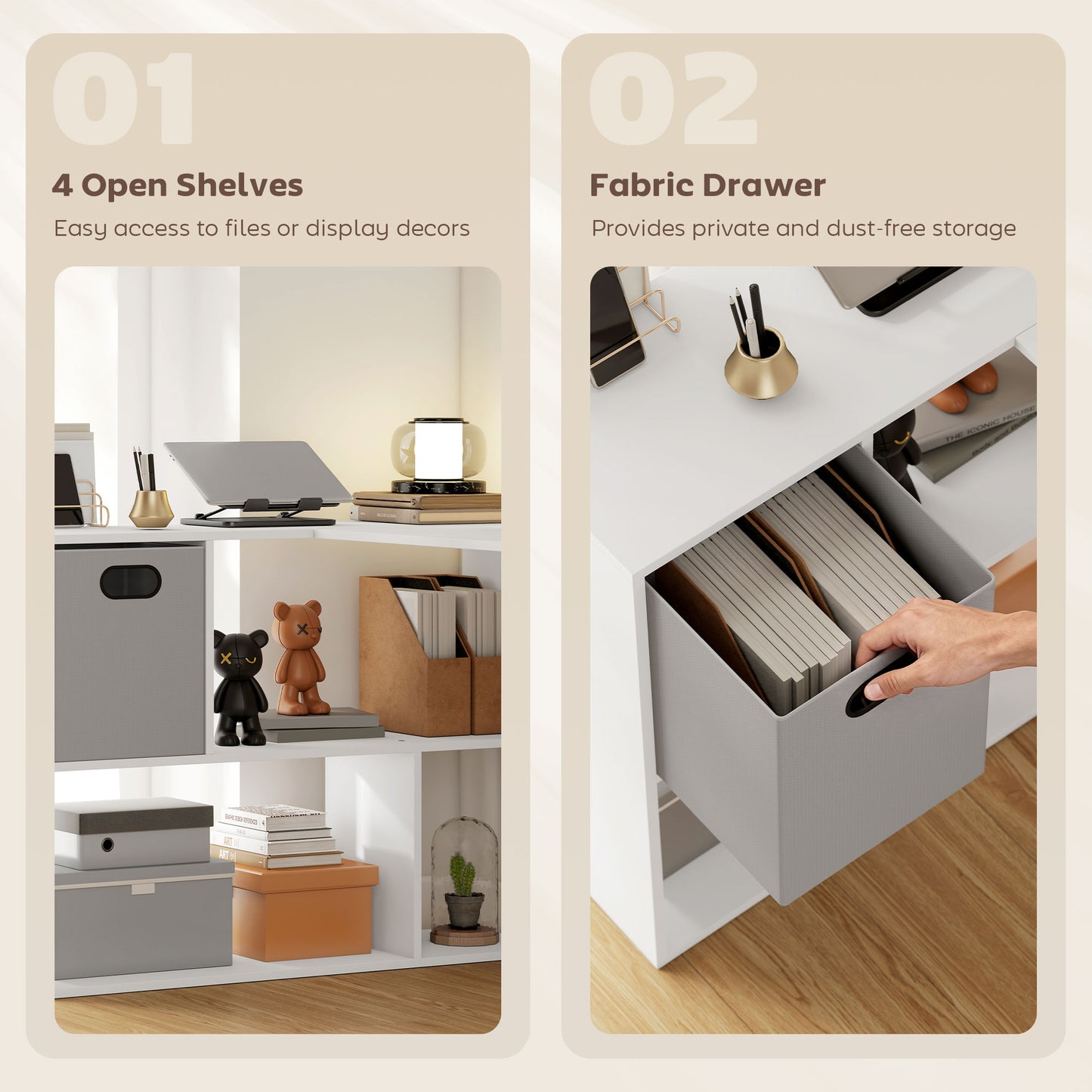 L Shaped Computer Desk, 110 x 100cm Reversible Corner Desk with Fabric Drawer and Storage Shelves, White